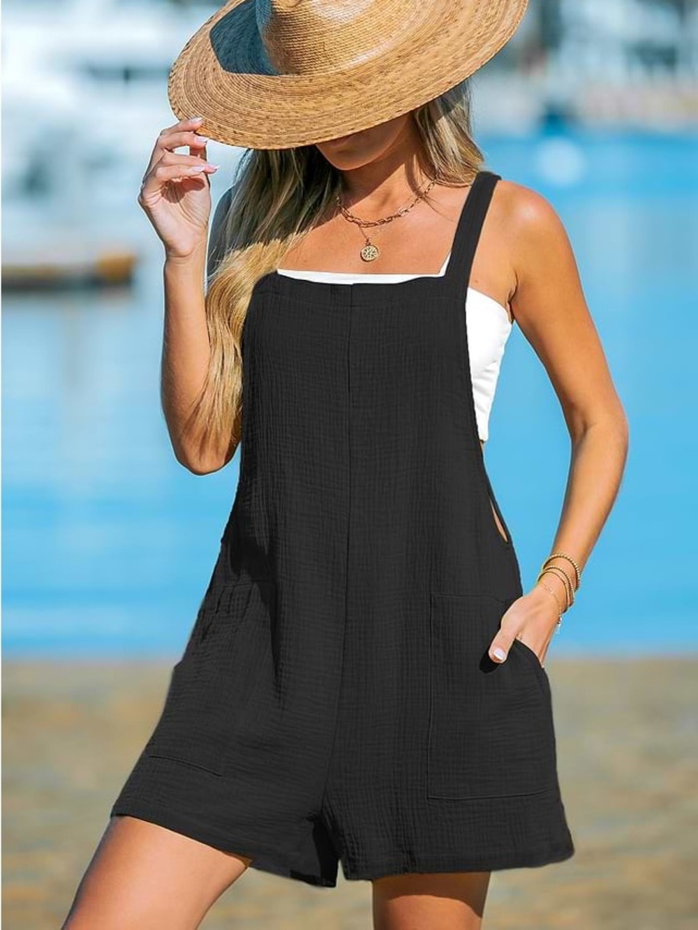 Cupshe Black Sleeveless Swim Cover-Up Romper